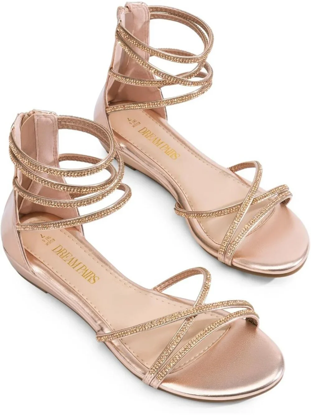 Women's Champagne Rhinestones Gladiator Flat Sandals Ankle Strap Comfortable Zip
